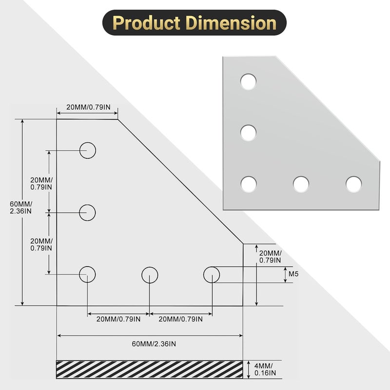 PETOX 12 Set 2020 Corner Bracket Joint Plate L Shape 5 Hole Aluminum Extrusion Connector with 60Pcs T-Nuts, 60Pcs Screws and 1Pcs Wrench for 20 x 20mm Series Aluminum Extrusion Profile, Silver - Image 3